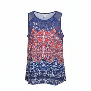 Pale Sky Blue, Red and White Sleeveless Embroidered Top in‎ Size S
